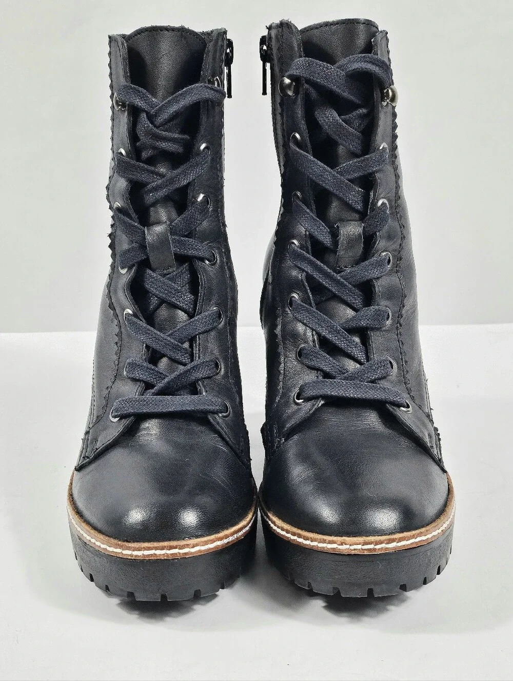 Chelsea & Violet Lexie Black Leather Lace-Up Block Heel Lug Sole Ankle Boot - Picture 3 of 16